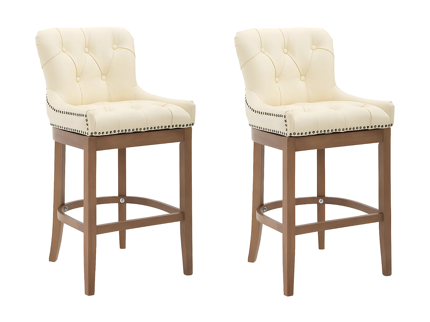Lot de 2 Tabourets de bar - Véritable cuir & Bois - Crème - Lakewood