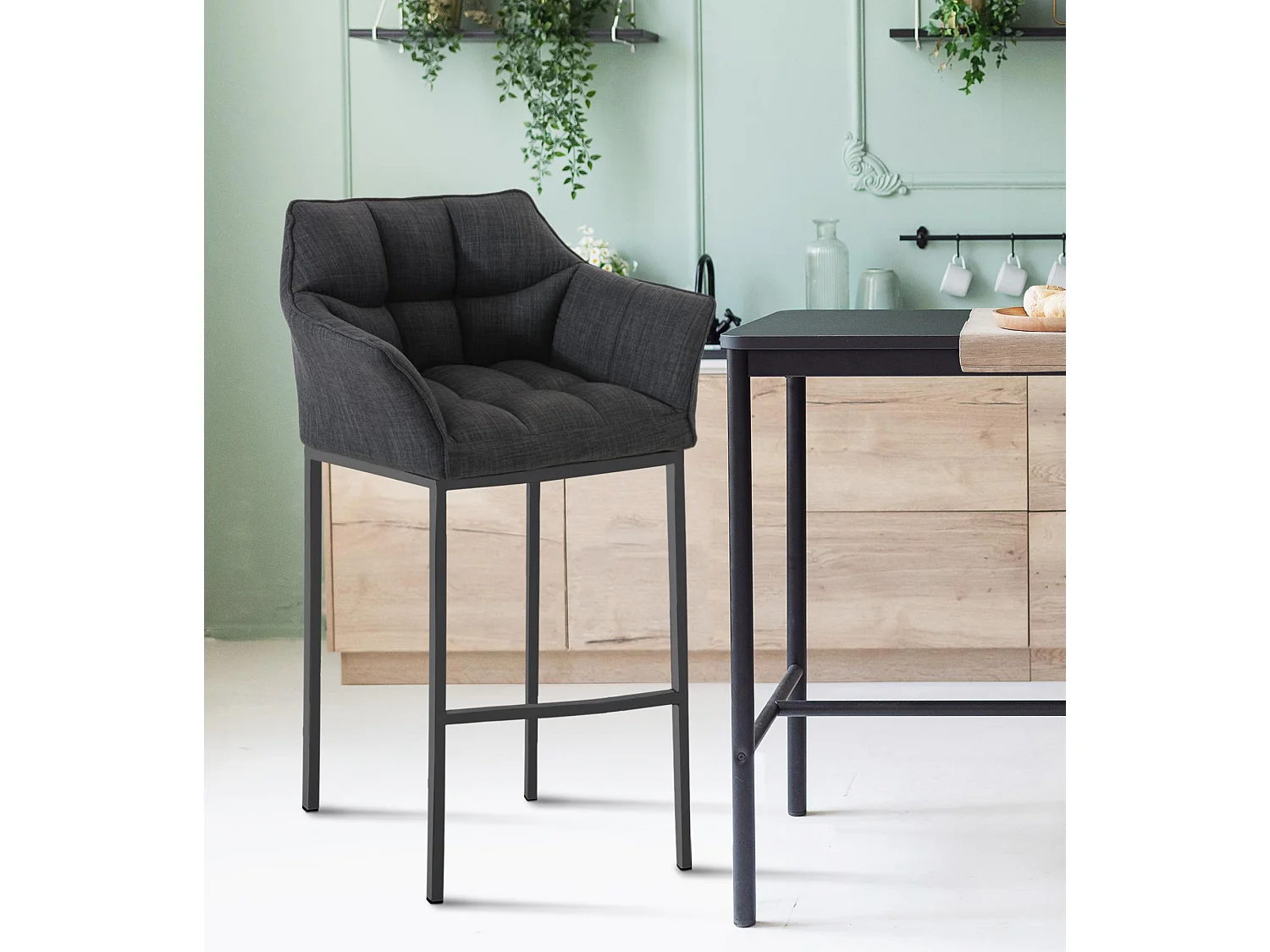 Lot de 2  Tabouret de bar - Tissu & Noir - Gris foncé - Damaso
