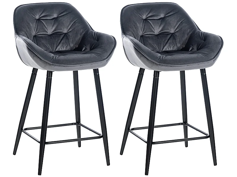 Lot de 2  Tabouret de bar - Velours & Métal noir mat - Gris foncé - Gibson