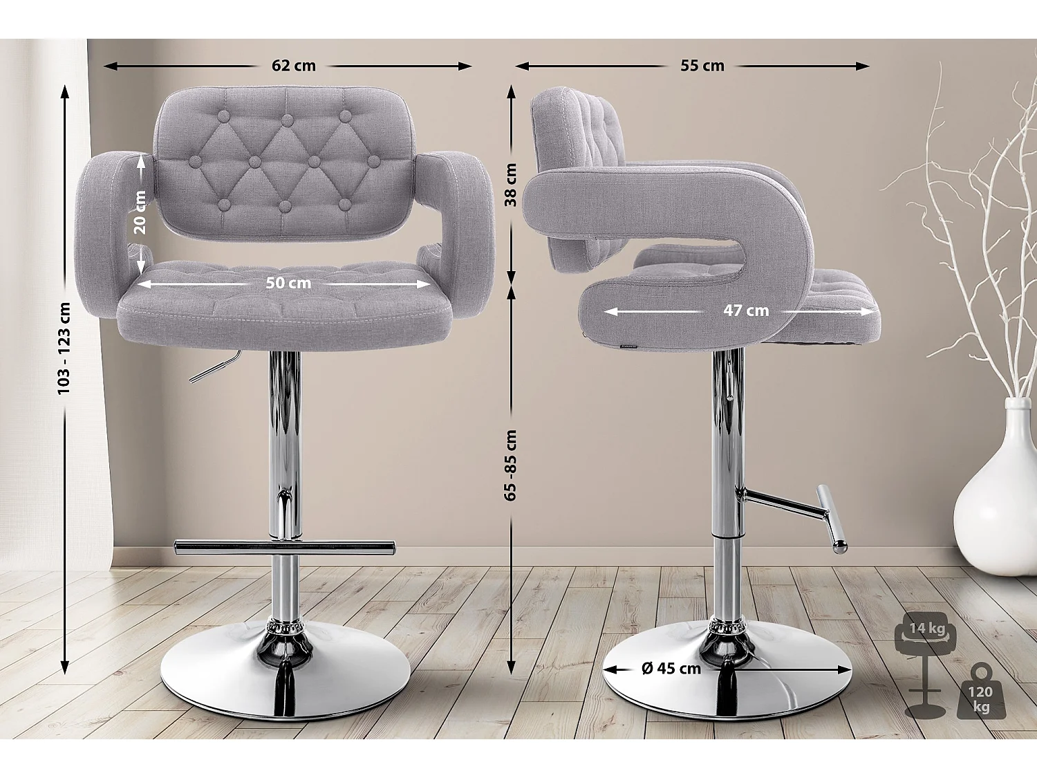 Tabouret de bar - Tissu & Métal - Gris - Dublin