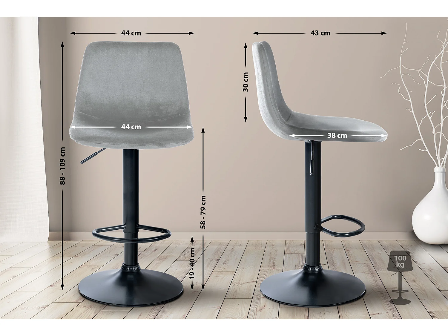 Lot de 2 Tabourets de bar - Velours & Métal - Gris - Divo