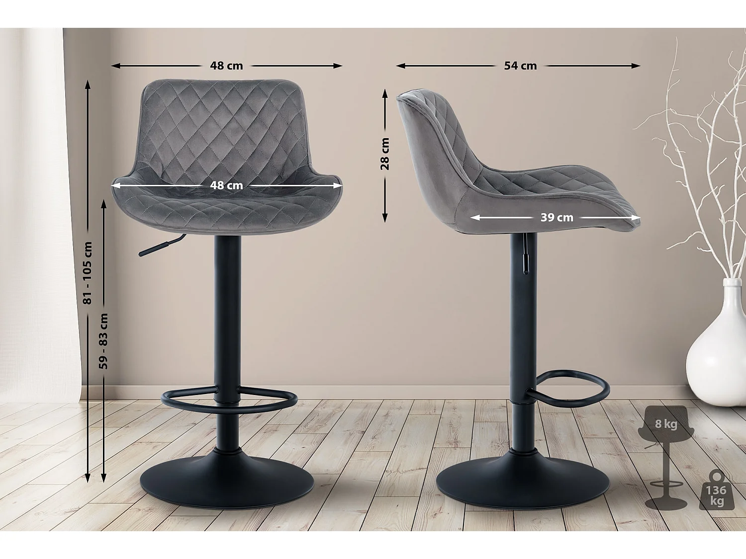 Lot de 2  Tabouret de bar - Velours - Gris foncé - Minosa