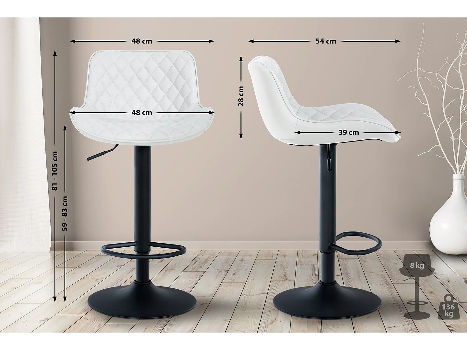 Lot de 2  Tabouret de bar - Similicuir - Blanc - Minosa