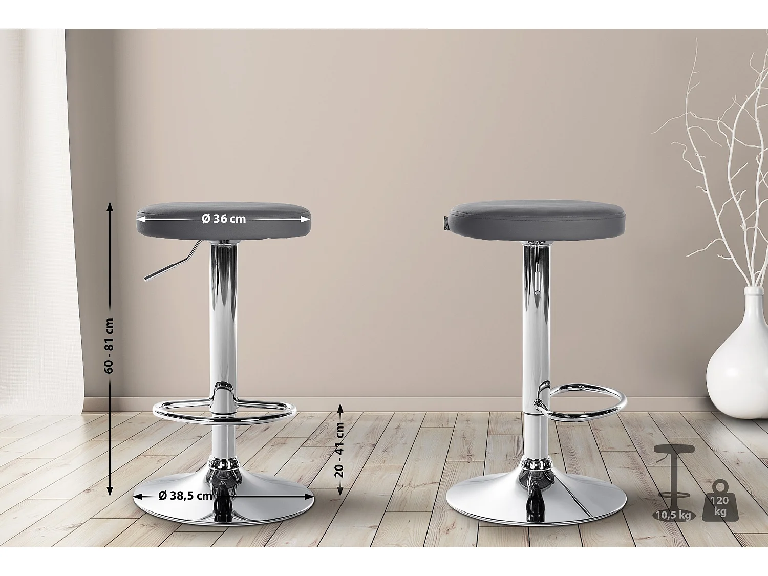 Lot de 2 Tabourets de bar - Similicuir & Métal - Gris - Ponte