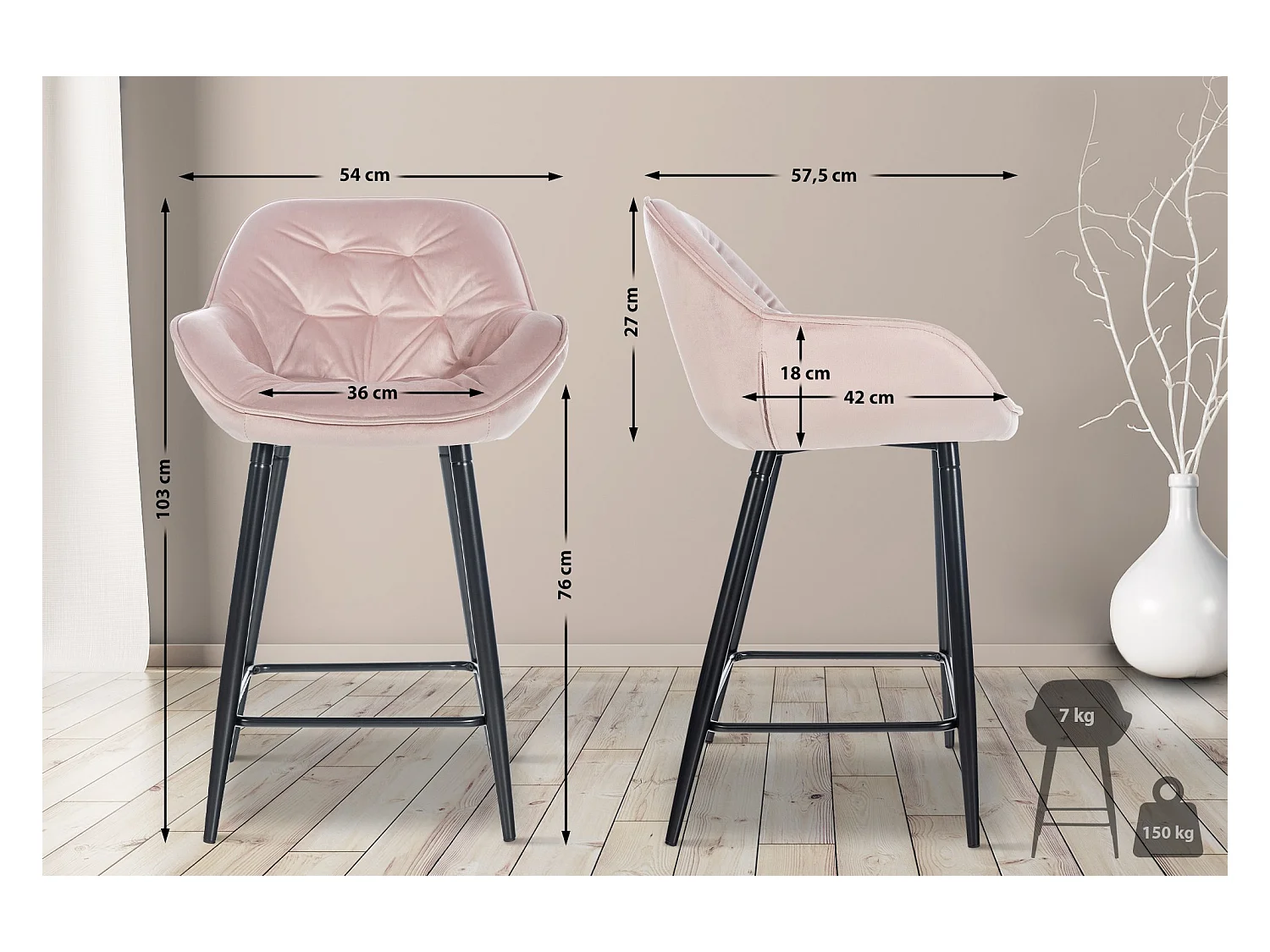 Lot de 2 Tabourets de bar - Velours & Métal noir mat - Rose - Gibson 76