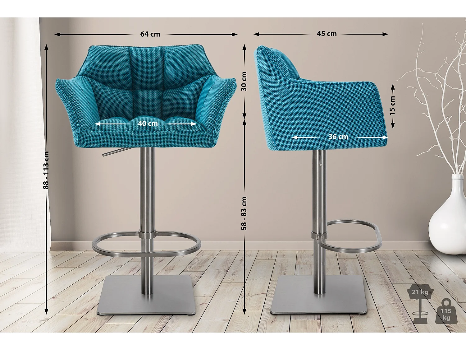 Lot de 2  Tabouret de bar - Tissu & Acier inoxydable - Turquoise - Damaso