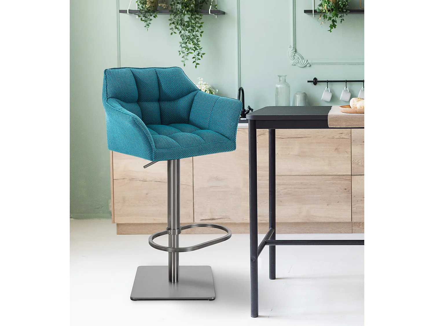 Lot de 2  Tabouret de bar - Tissu & Acier inoxydable - Turquoise - Damaso