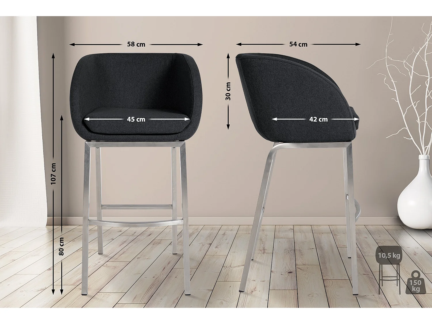 Tabourets de bar - Feutrine & Acier inoxydable - Anthracite - Rockhill