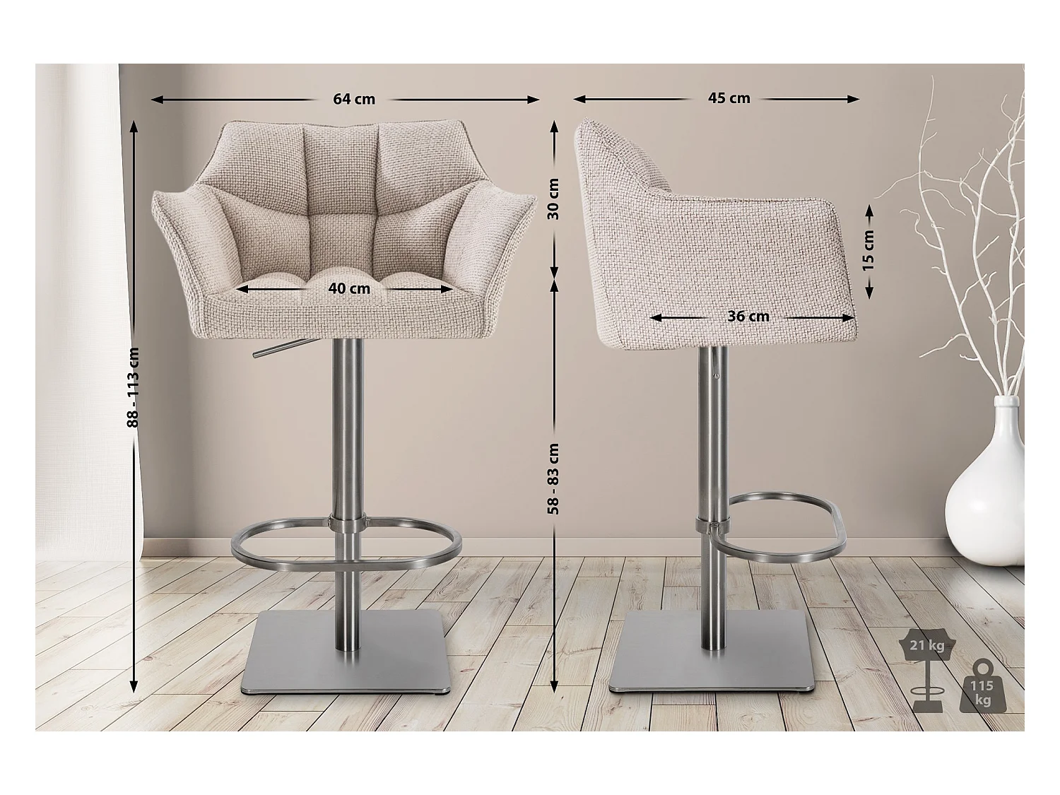 Lot de 2  Tabouret de bar - Tissu & Acier inoxydable - Ivoire - Damaso