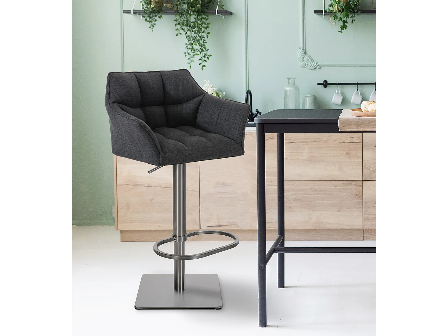 Lot de 2  Tabouret de bar - Tissu & Acier inoxydable - Gris foncé - Damaso