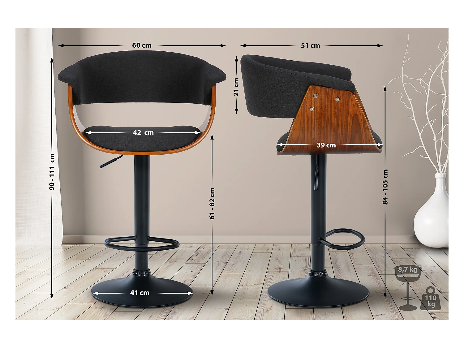 Tabouret de bar - Tissu - Noyer / Noir - Vestal