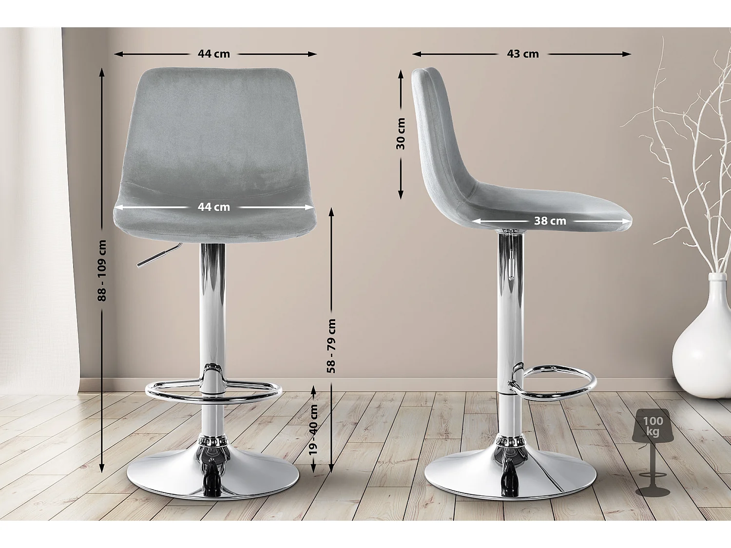 Lot de 2 Tabourets de bar - Velours & Métal - Gris - Divo