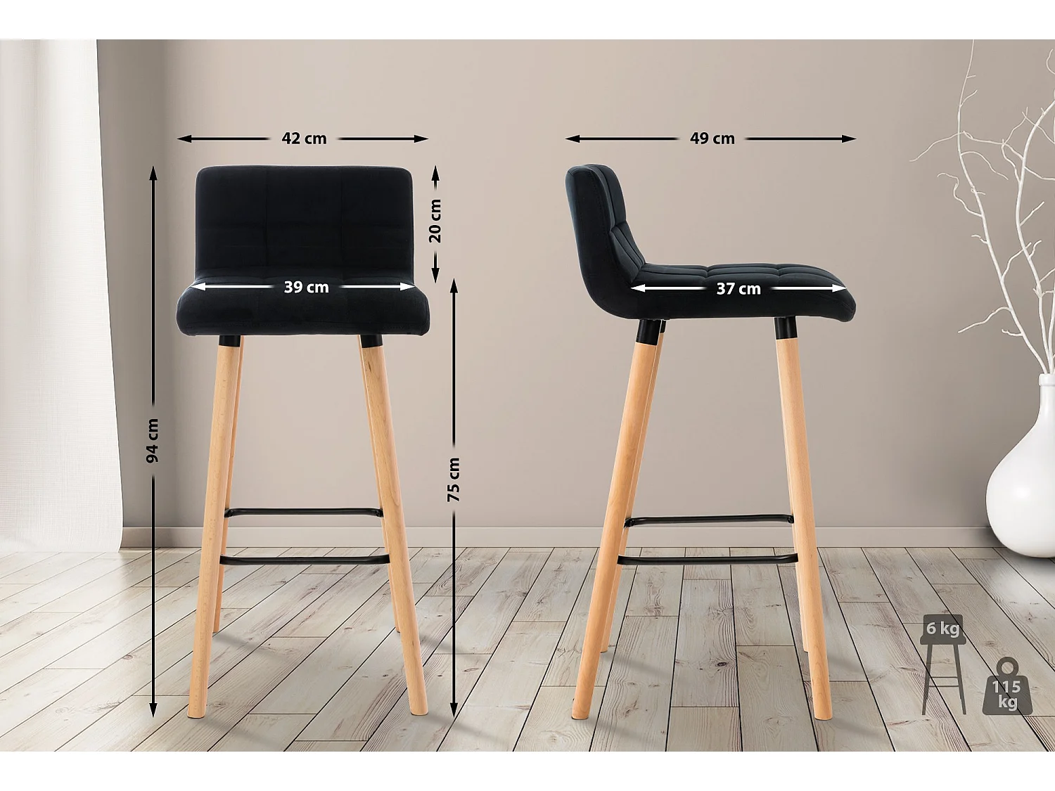 Tabouret de bar - Velours & Gris - Noir - Lincoln