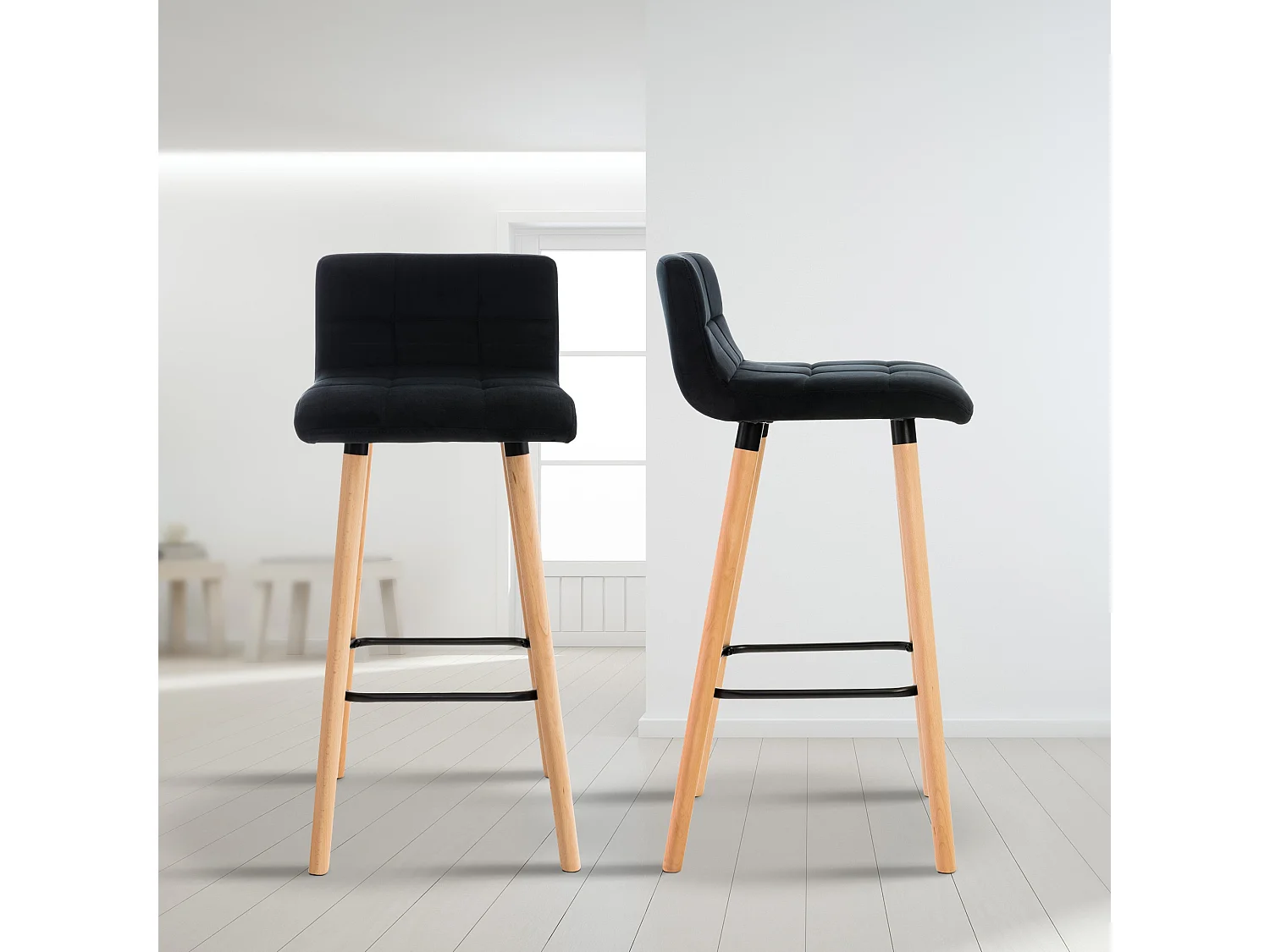 Tabouret de bar - Velours & Gris - Noir - Lincoln
