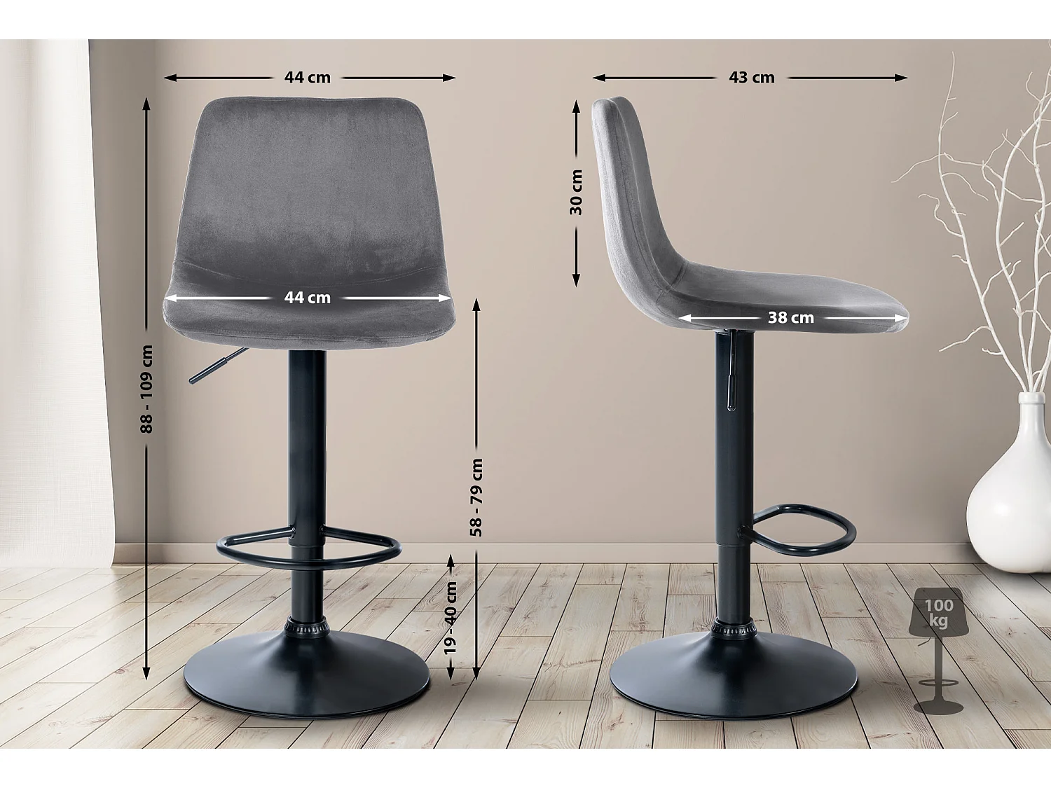 Lot de 2 Tabourets de bar - Velours & Métal - Gris foncé - Divo