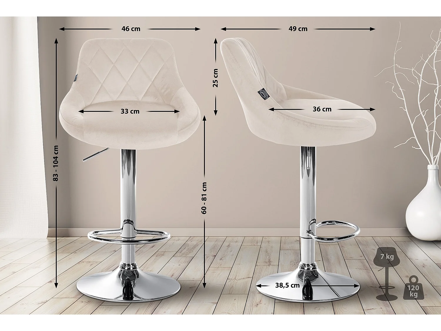 Lot de 2 Tabourets de bar - Velours & Métal - Crème - Lazio