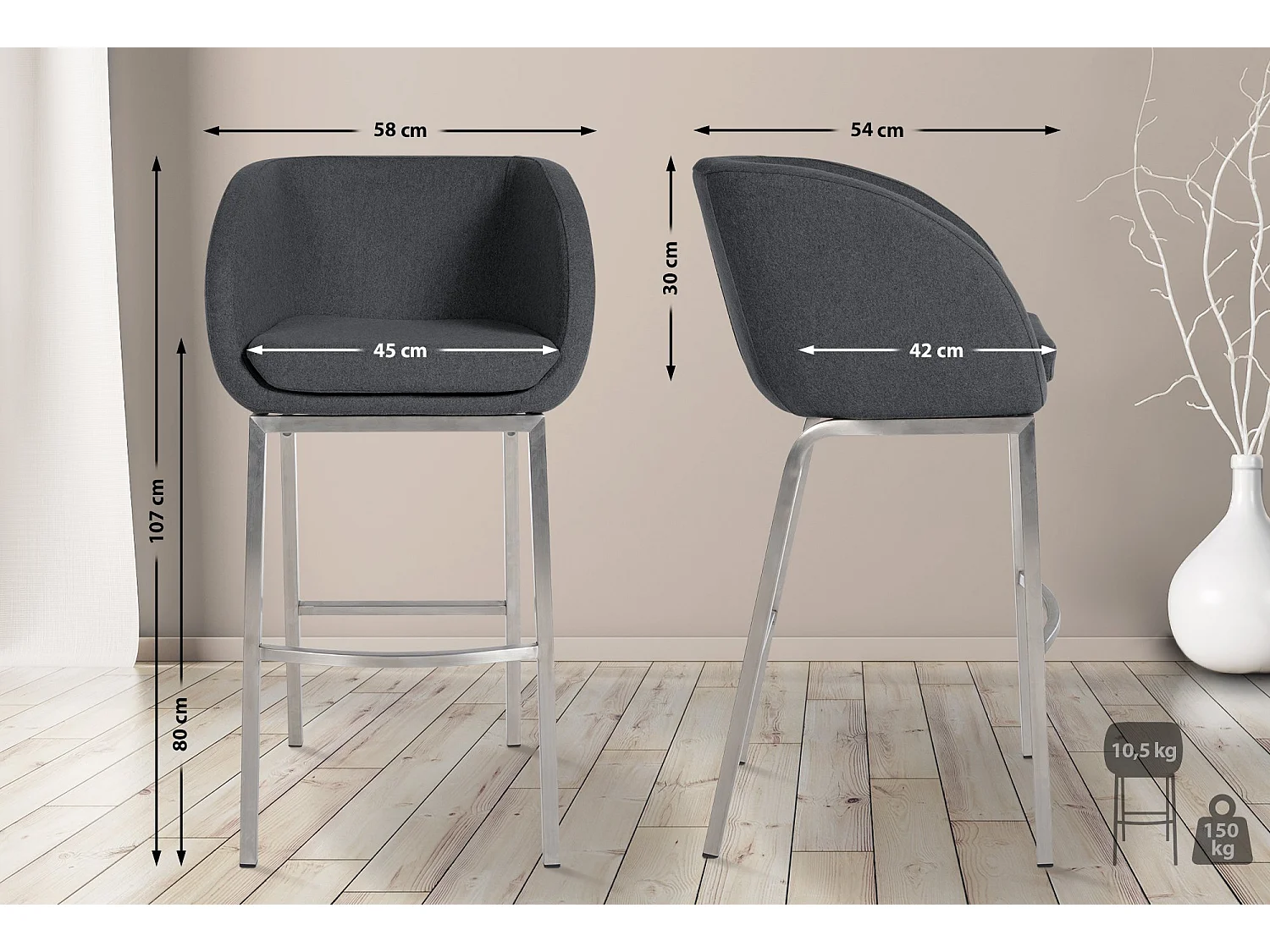 Tabourets de bar - Feutrine & Acier inoxydable - Gris - Rockhill