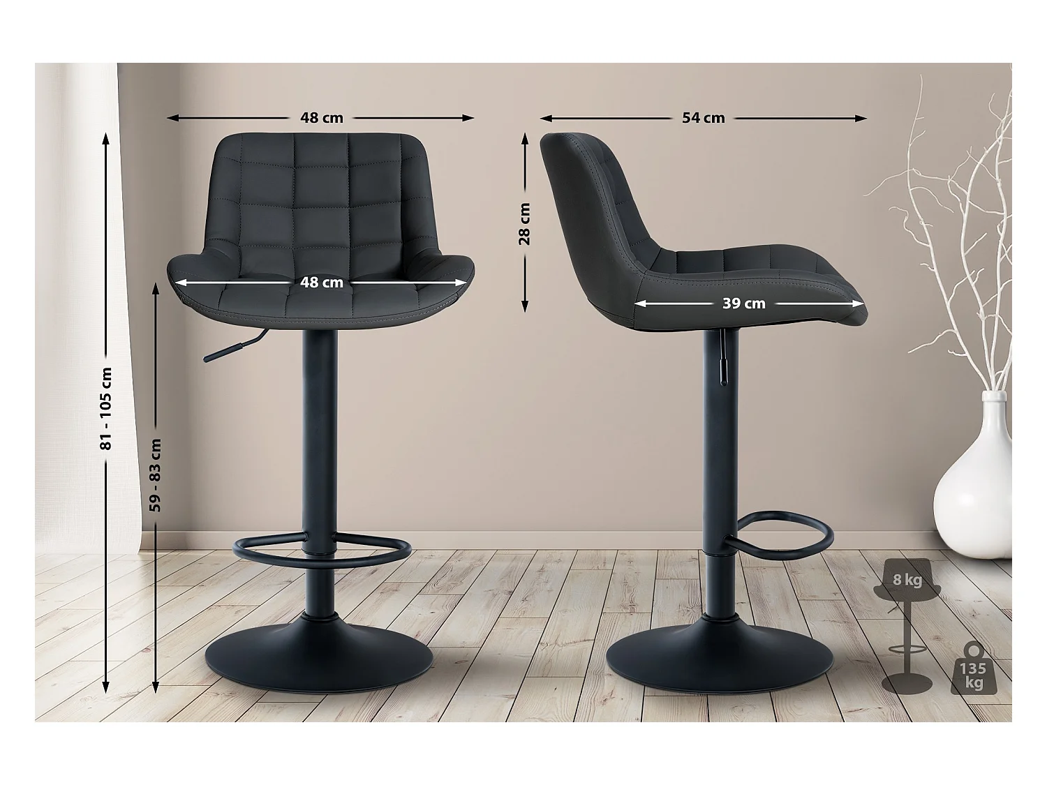 Barhocker - Kunstleder - schwarz - Tover