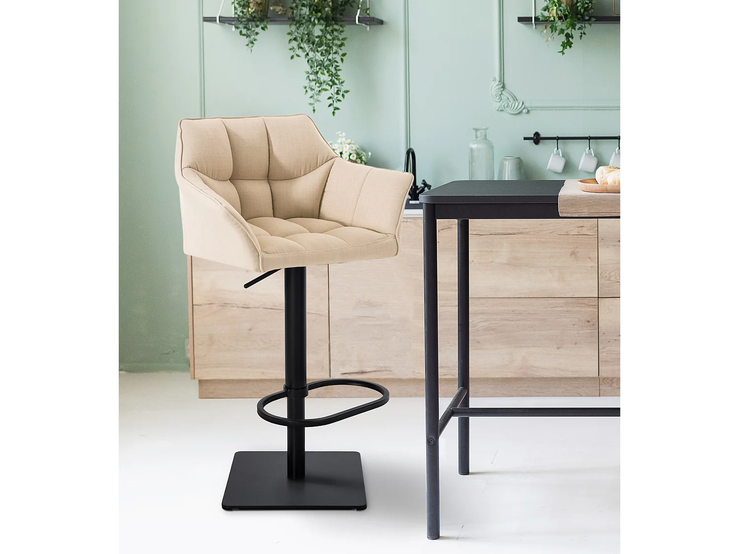 Lot de 2  Tabouret de bar - Tissu & Noir - Crème - Damaso
