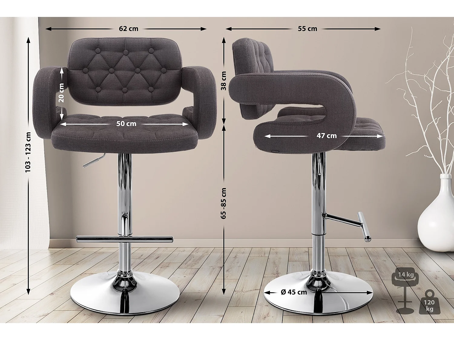 Lot de 2  Tabouret de bar - Tissu & Métal chromé - Gris foncé - Dublin