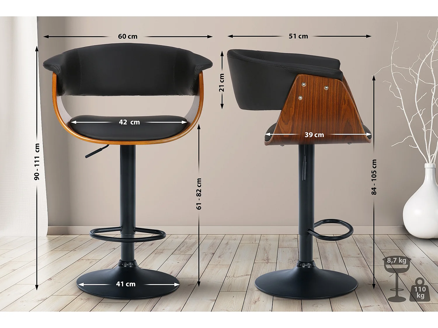 Lot de 2  Tabouret de bar - Similicuir - Noyer / Noir - Vestal