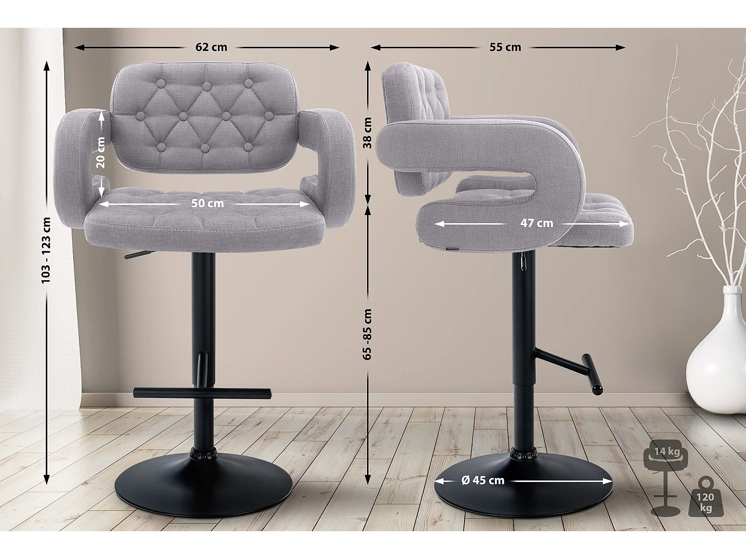 Tabouret de bar - Tissu & Métal - Gris - Dublin