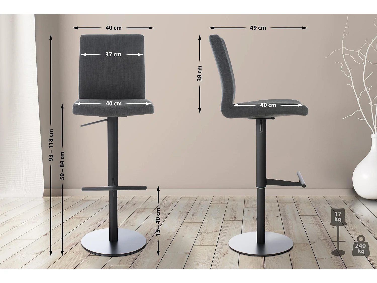 Lot de 2  Tabouret de bar - Tissu & Noir - Gris foncé - Cadiz