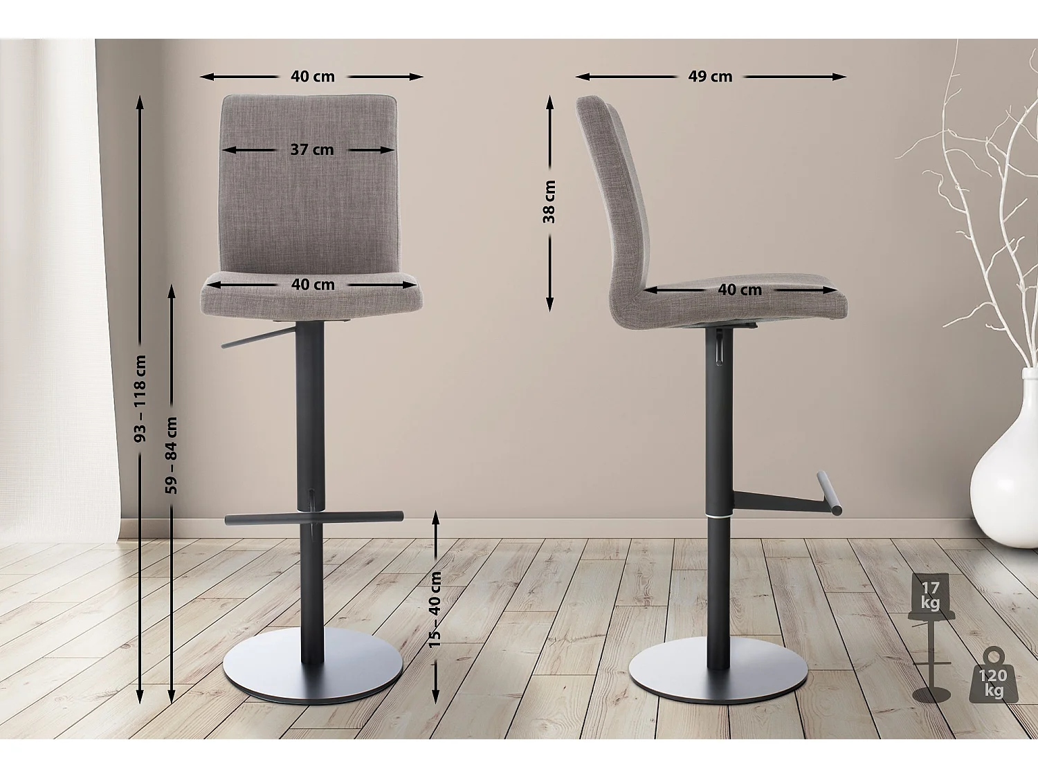 Tabouret de bar - Tissu & Noir - Gris - Cadiz