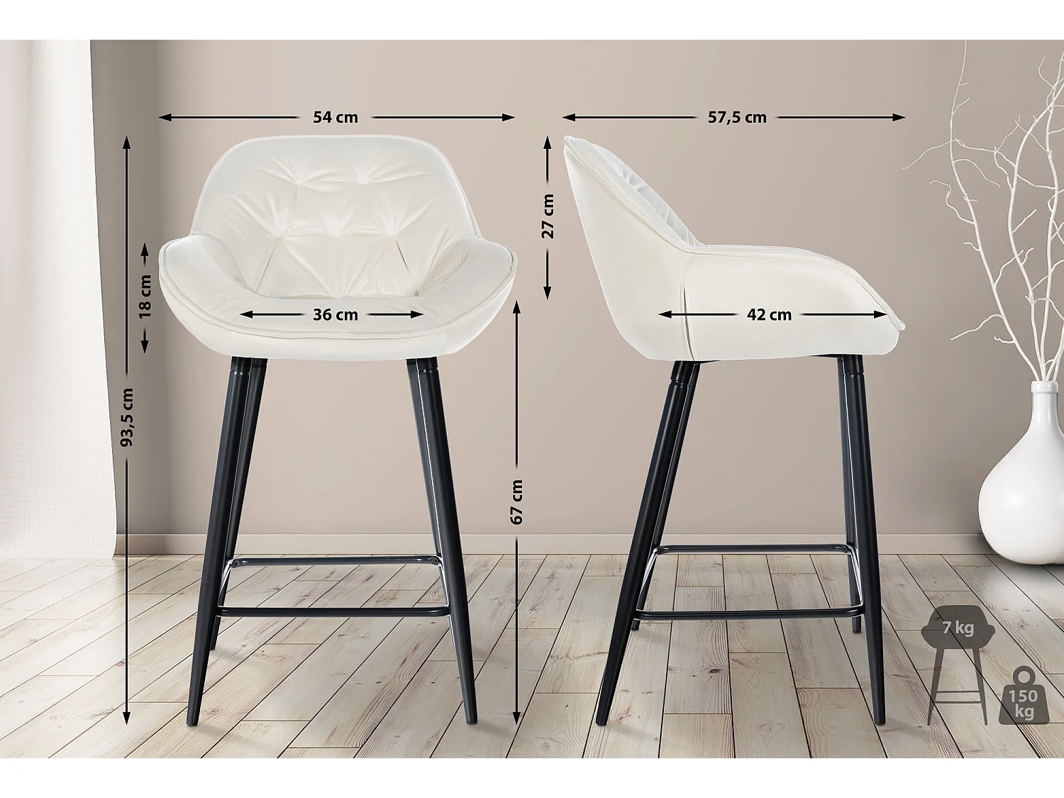 Lot de 2  Tabouret de bar - Velours & Métal noir mat - Crème - Gibson