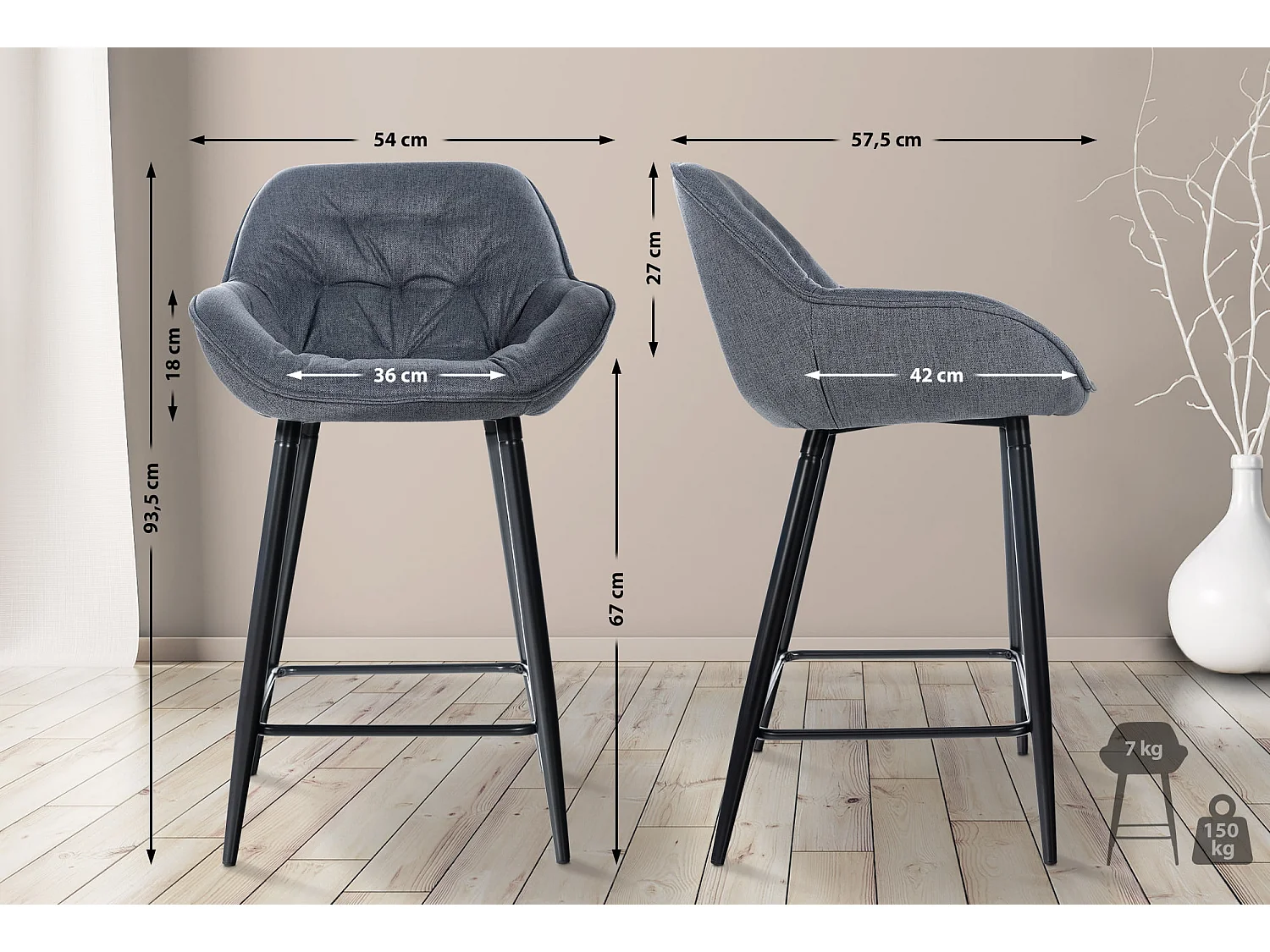 Lot de 2  Tabouret de bar - Tissu & Métal noir mat - Gris - Gibson