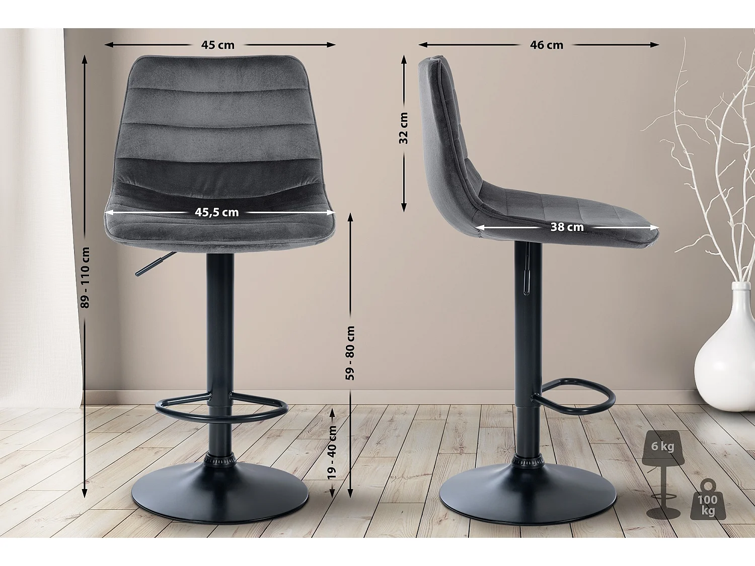 Barhocker - Samt & Metall - dunkelgrau - Lex