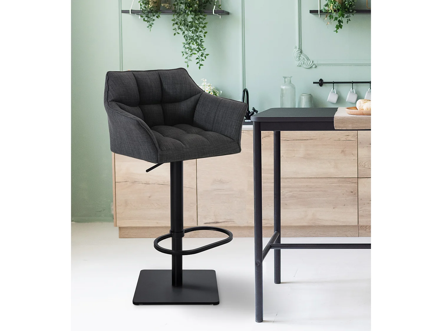 Lot de 2  Tabouret de bar - Tissu & Noir - Gris foncé - Damaso