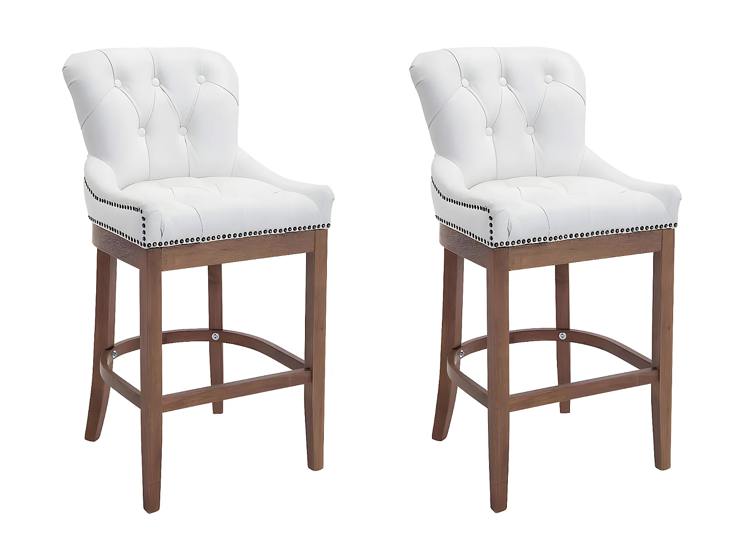 Lot de 2 Tabourets de bar - Véritable cuir & Bois - Blanc - Lakewood