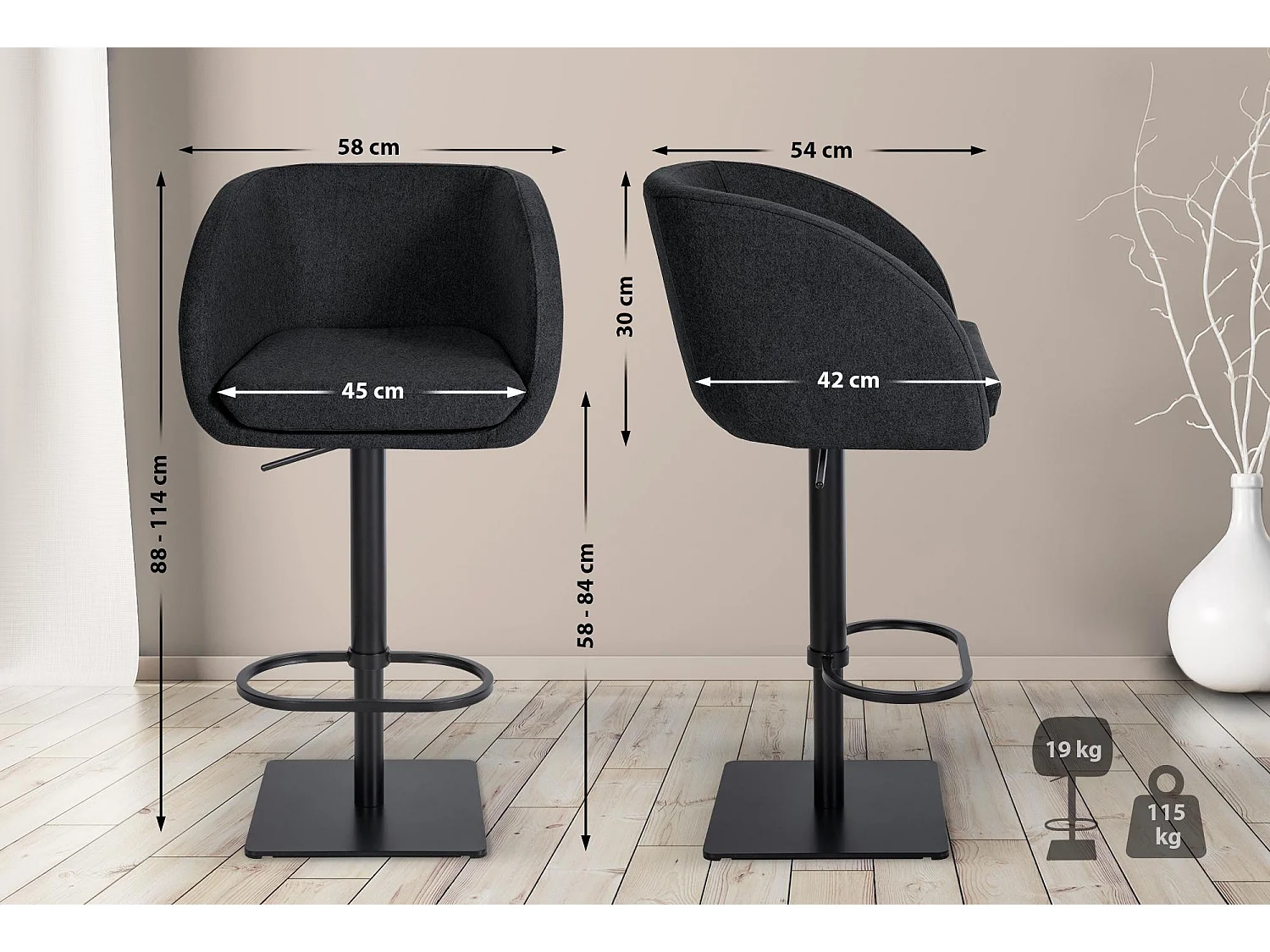 Tabouret de bar - Feutrine & Noir - Anthracite - Gambo