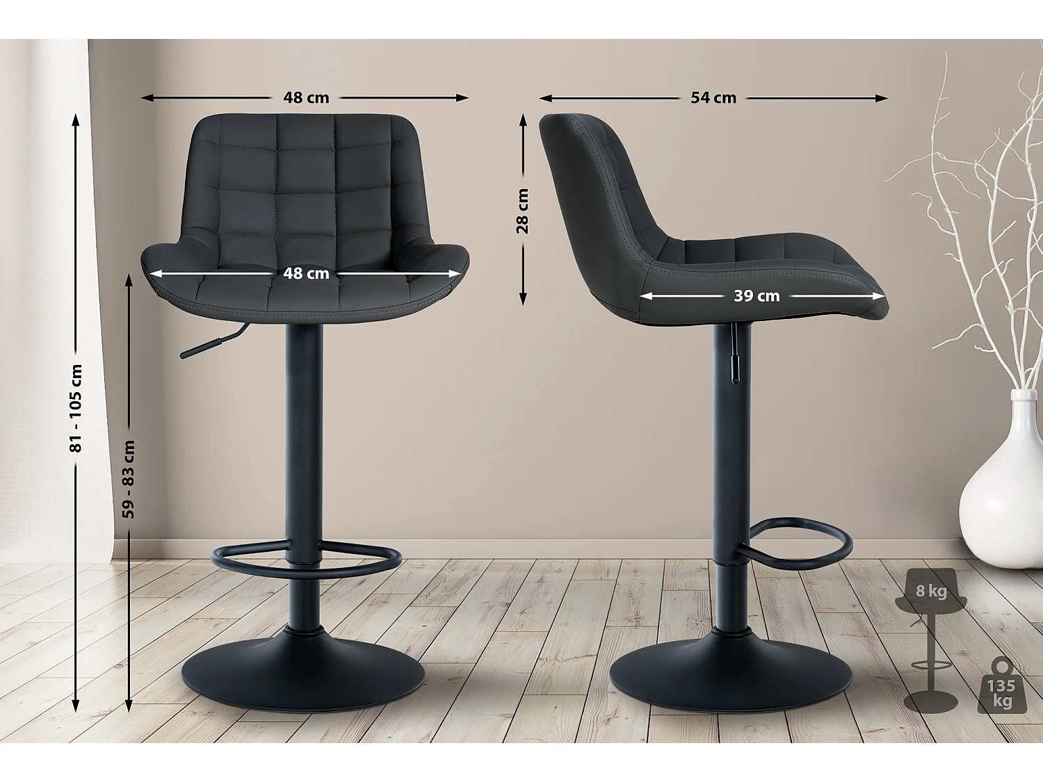 Lot de 2  Tabouret de bar - Similicuir - Noir - Tover