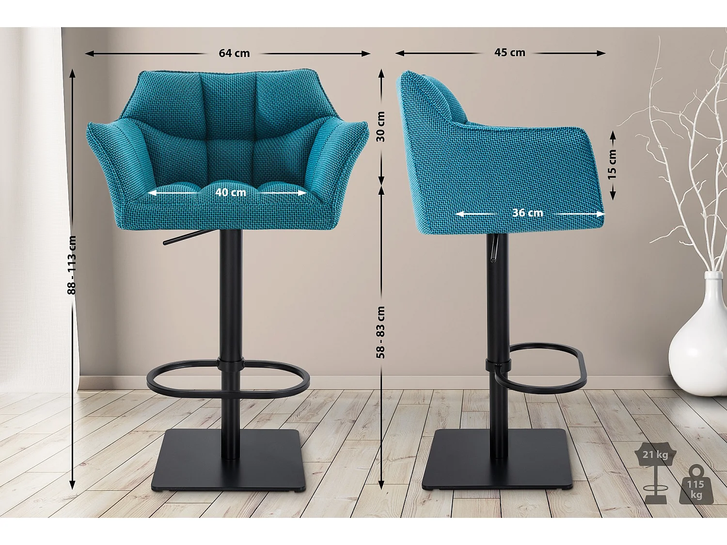 Lot de 2  Tabouret de bar - Tissu & Noir - Turquoise - Damaso