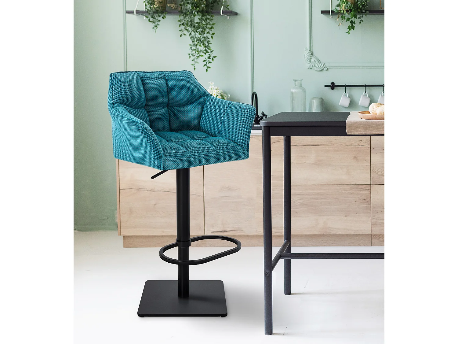 Lot de 2  Tabouret de bar - Tissu & Noir - Turquoise - Damaso