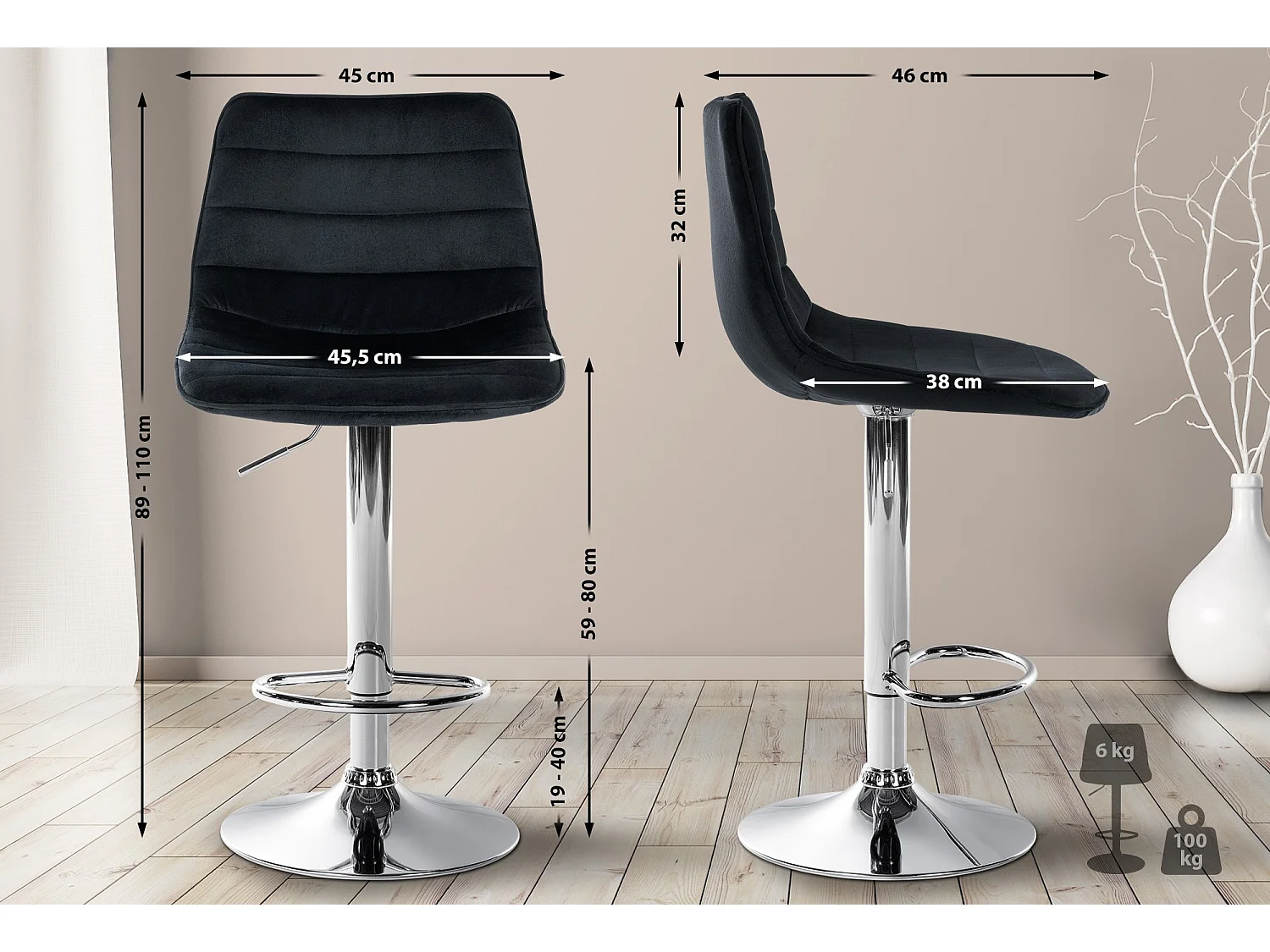 Barhocker - Samt & Metall - schwarz - Lex