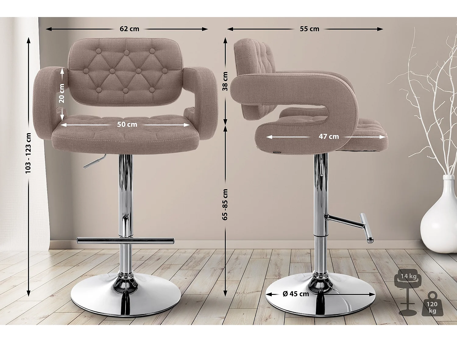 Lot de 2  Tabouret de bar - Tissu & Métal chromé - Taupe - Dublin