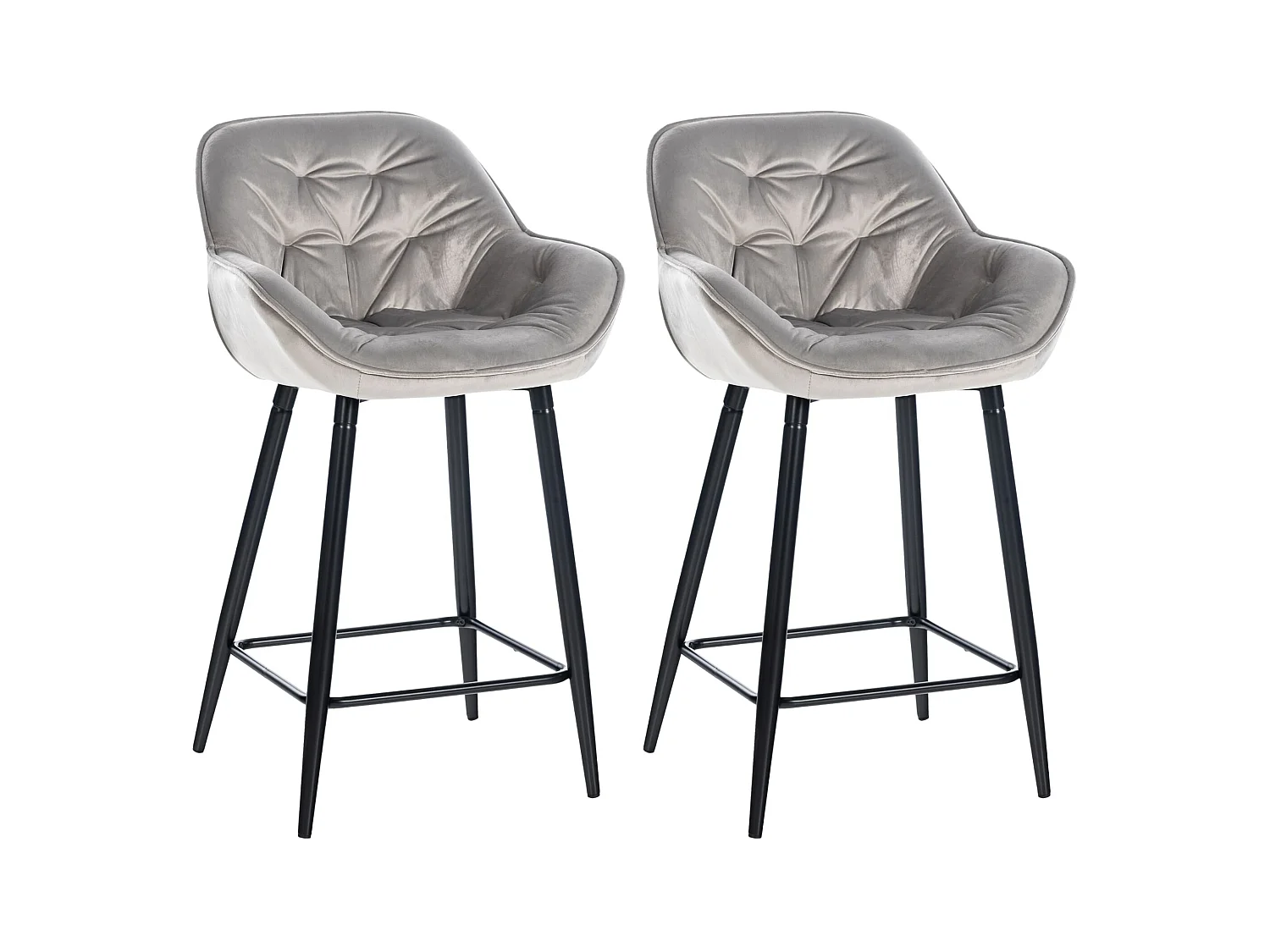 Lot de 2  Tabouret de bar - Velours & Métal noir mat - Gris - Gibson
