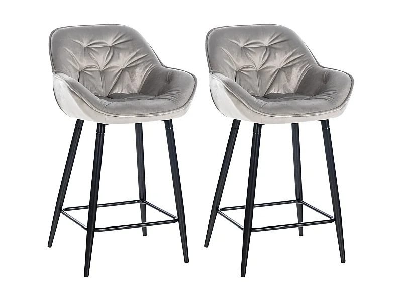 Lot de 2  Tabouret de bar - Velours & Métal noir mat - Gris - Gibson