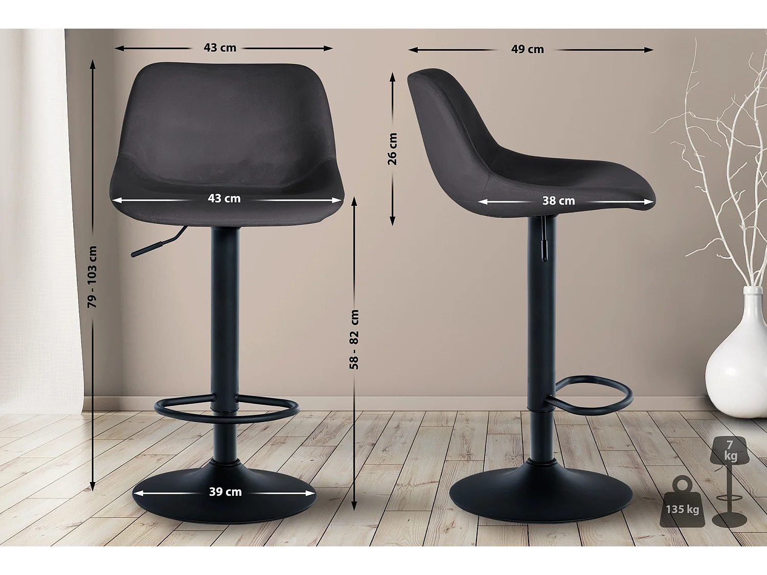 Set van 2  Barkruk - Fluweel - donkergrijs - Loft