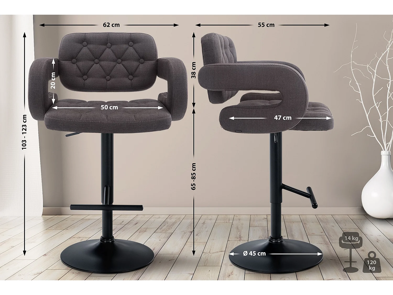 Tabouret de bar - Tissu & Métal - Gris foncé - Dublin