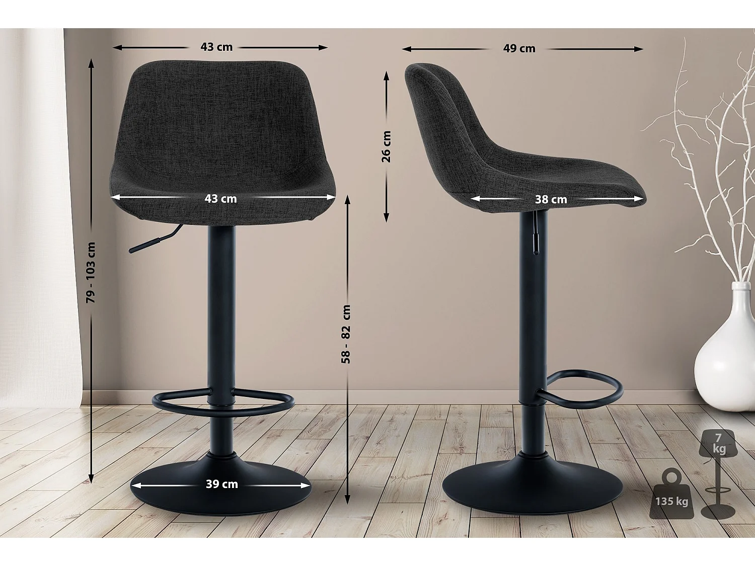 Lot de 2  Tabouret de bar - Tissu - Noir - Loft