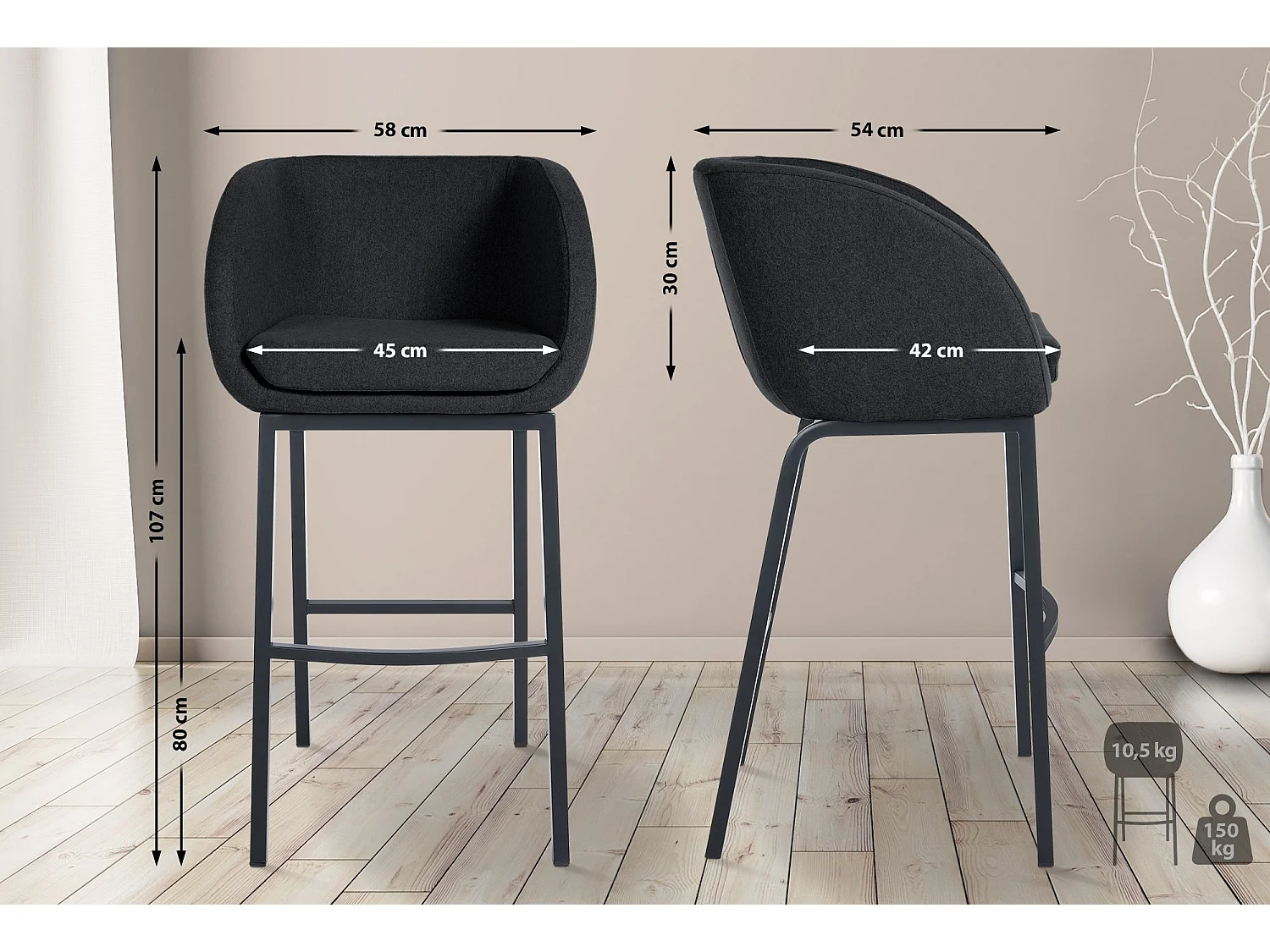 Tabourets de bar - Feutrine & Acier inoxydable - Anthracite - Rockhill