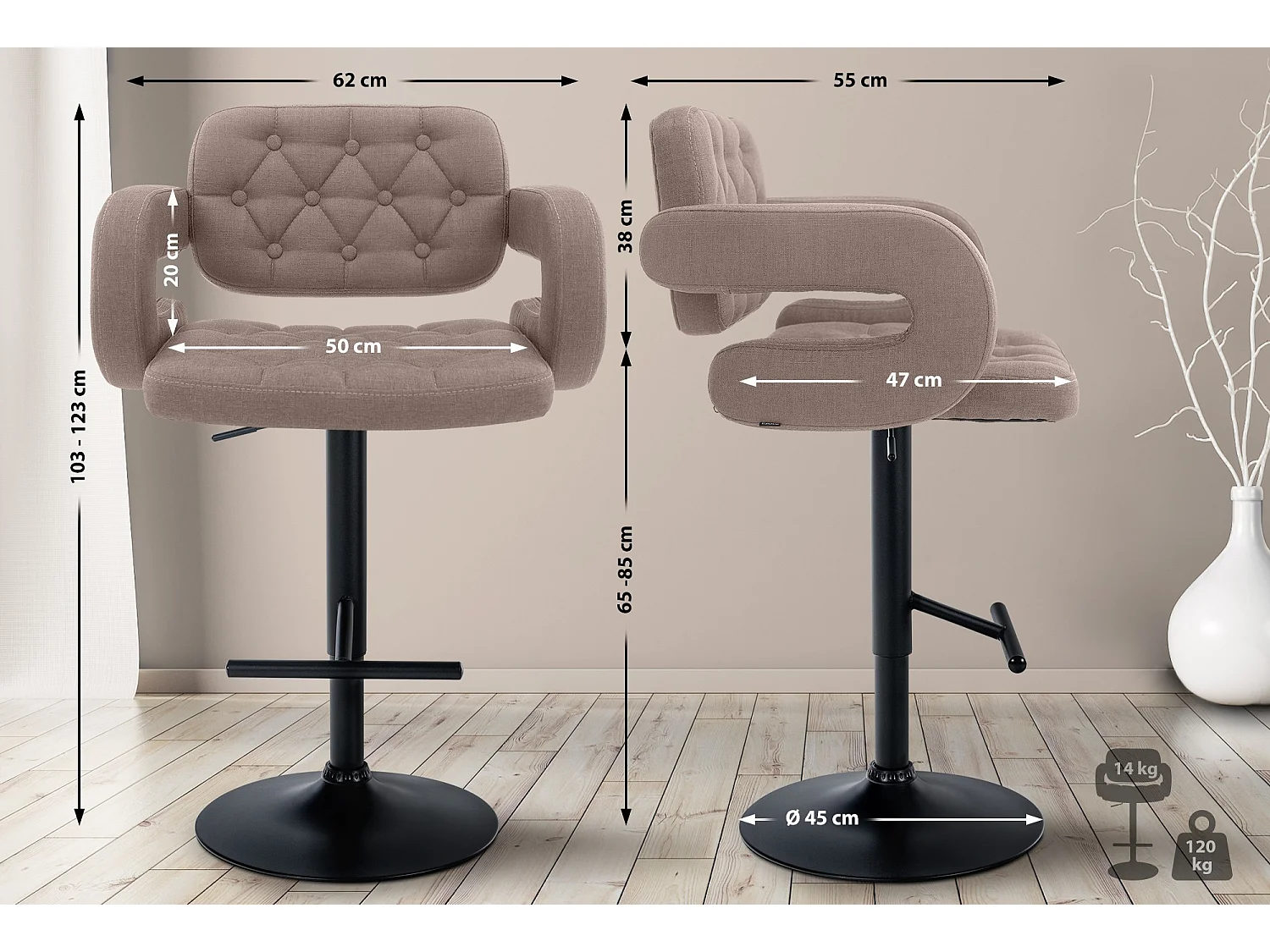 Tabouret de bar - Tissu & Métal - Taupe - Dublin