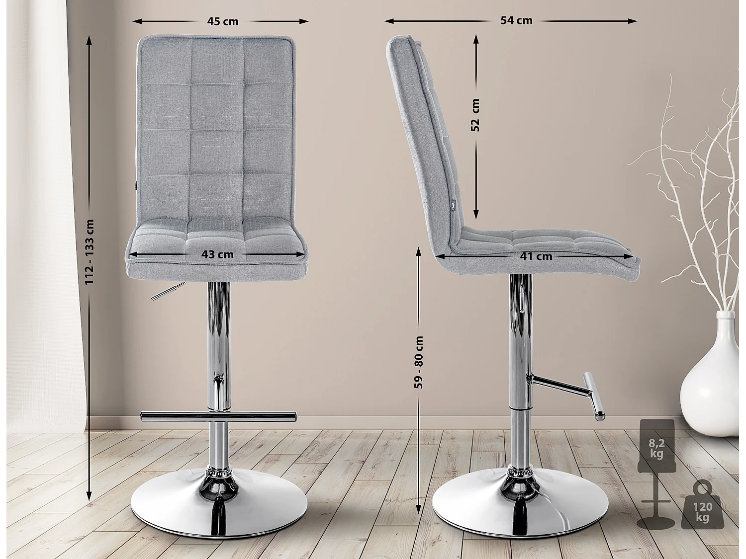 Tabourets de bar - Tissu & Métal - Gris clair - Peking V2