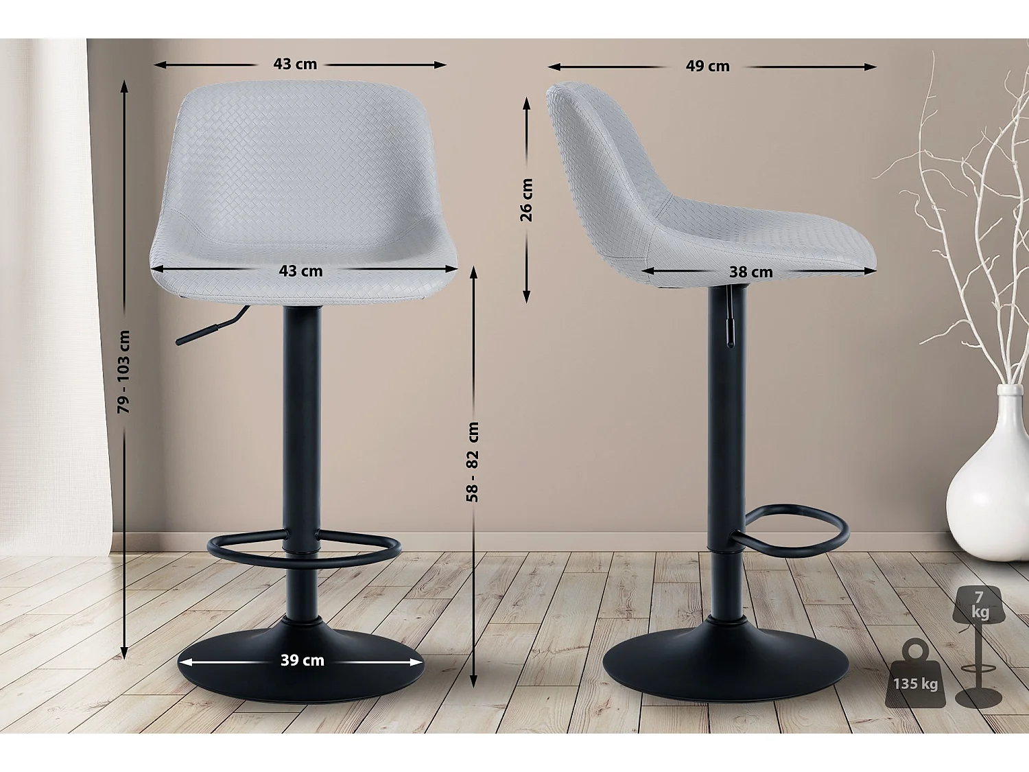 Lot de 2  Tabouret de bar - Similicuir - Gris - Loft