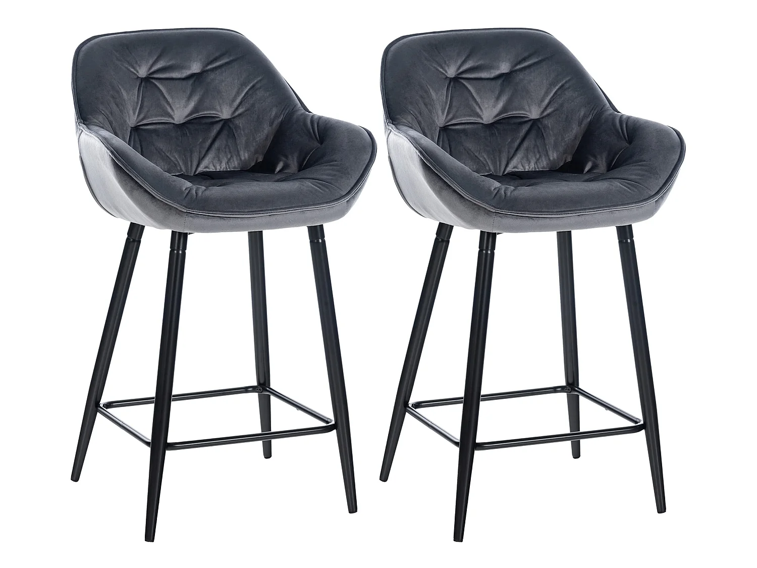Lot de 2 Tabourets de bar - Velours & Métal noir mat - Gris foncé - Gibson 76
