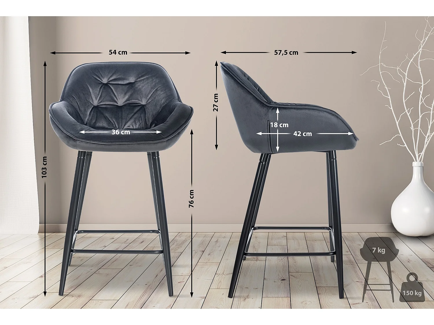 Lot de 2 Tabourets de bar - Velours & Métal noir mat - Gris foncé - Gibson 76